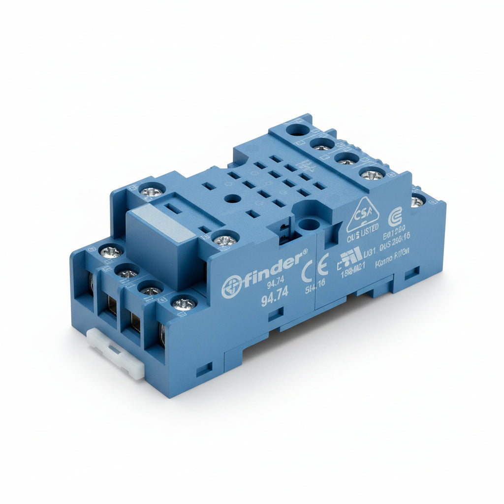 Finder 94.74 Zoccolo per Relè serie 5534-8534, 10A, Alimentazione 230V, Blu, Installazione su barra DIN o tramite fori