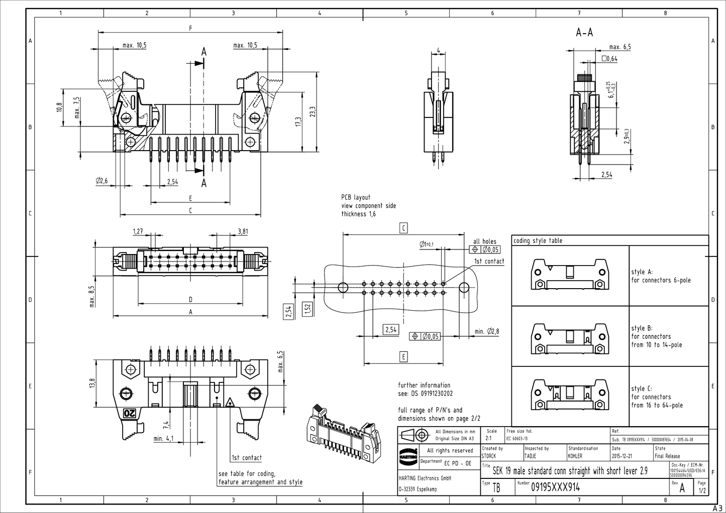 09195406914 CONNETTORE PCB 40 vie passo 2.54mm X CAVO FLAT